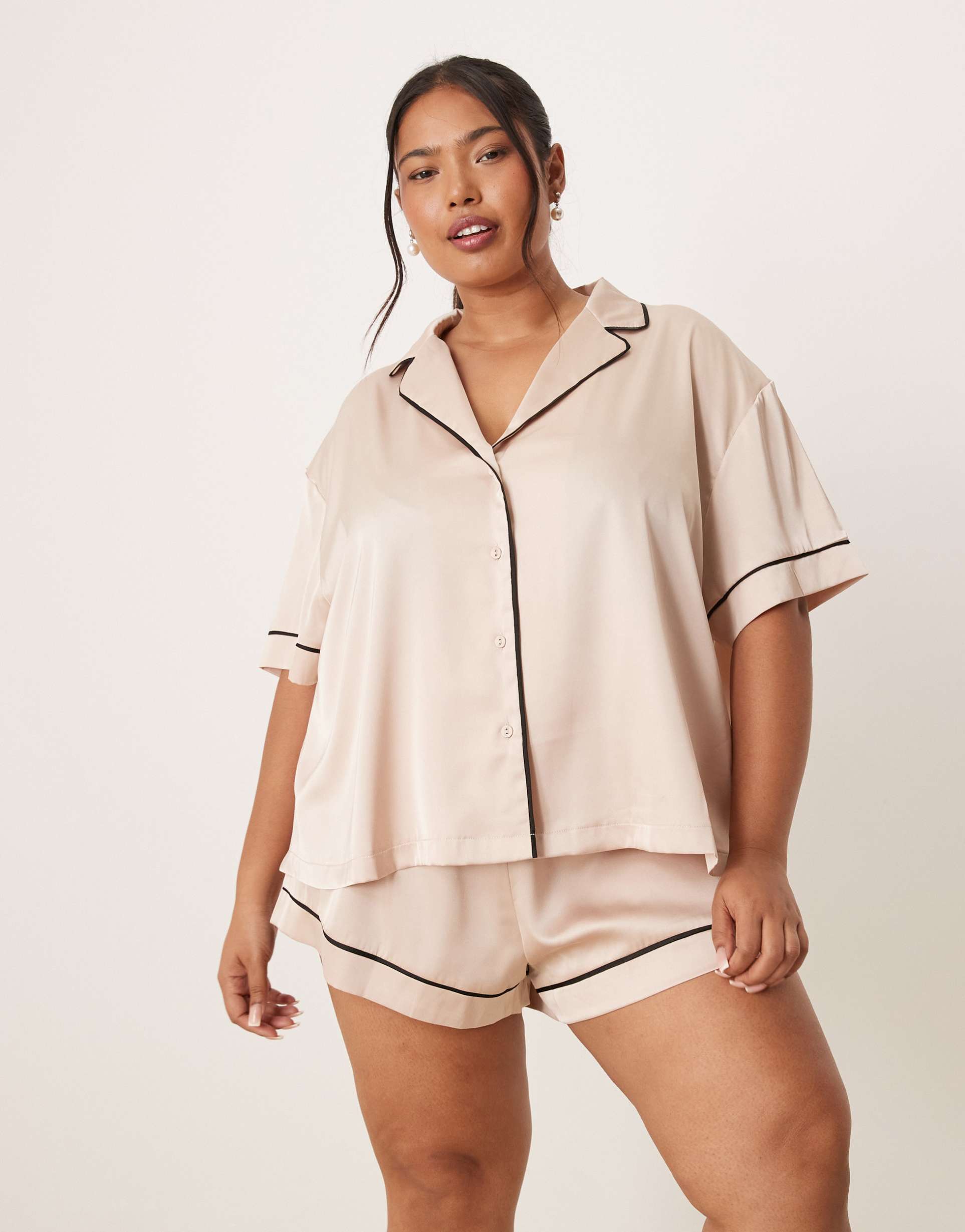 asos design curve oversized satin short sleeve shirt & shorts pajama set in light pink