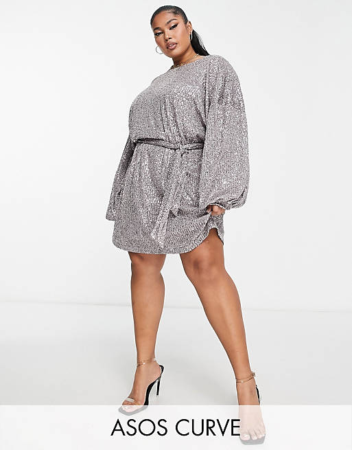 ASOS DESIGN Curve oversized sequin mini dress with belt in charcoal