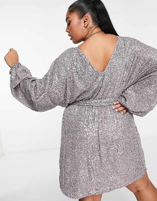 ASOS DESIGN Curve oversized sequin mini dress with belt in charcoal