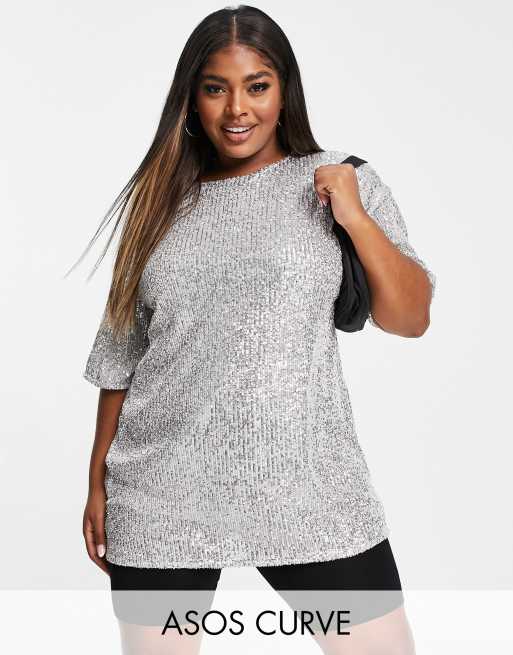 ASOS DESIGN Curve oversized sequin t-shirt in silver