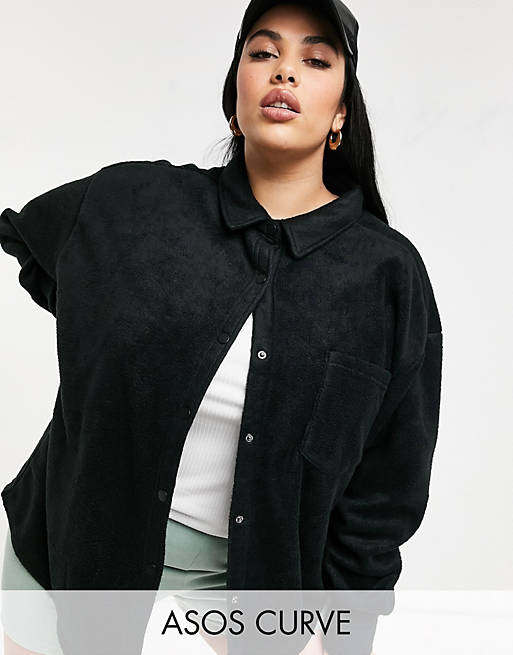 Women Shirts & Blouses/Curve oversized shacket in fleece in black 