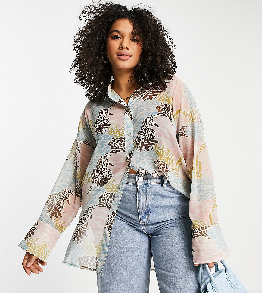 Plus-size shirt by ASOS DESIGN Shirt game: strong Animal print Spread collar Button placket Long sleeves Oversized fit