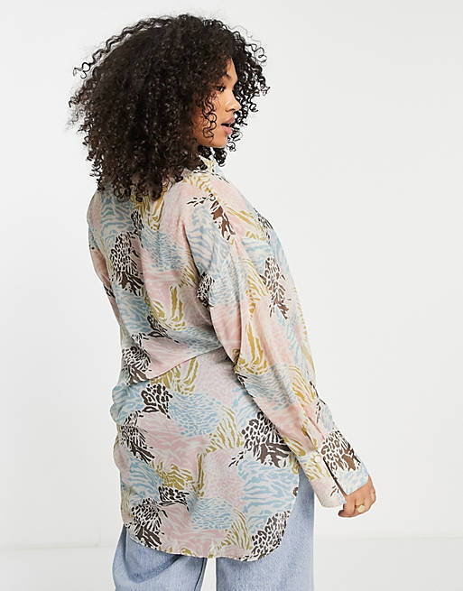 Women Shirts & Blouses/Curve oversized sheer multi patched animal print shirt 