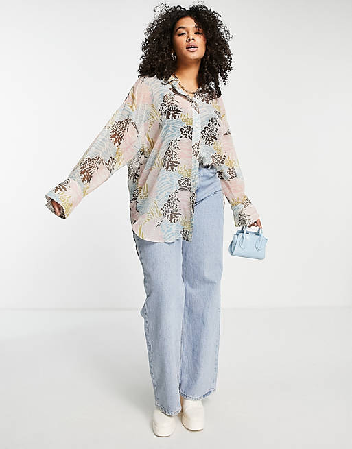 Women Shirts & Blouses/Curve oversized sheer multi patched animal print shirt 