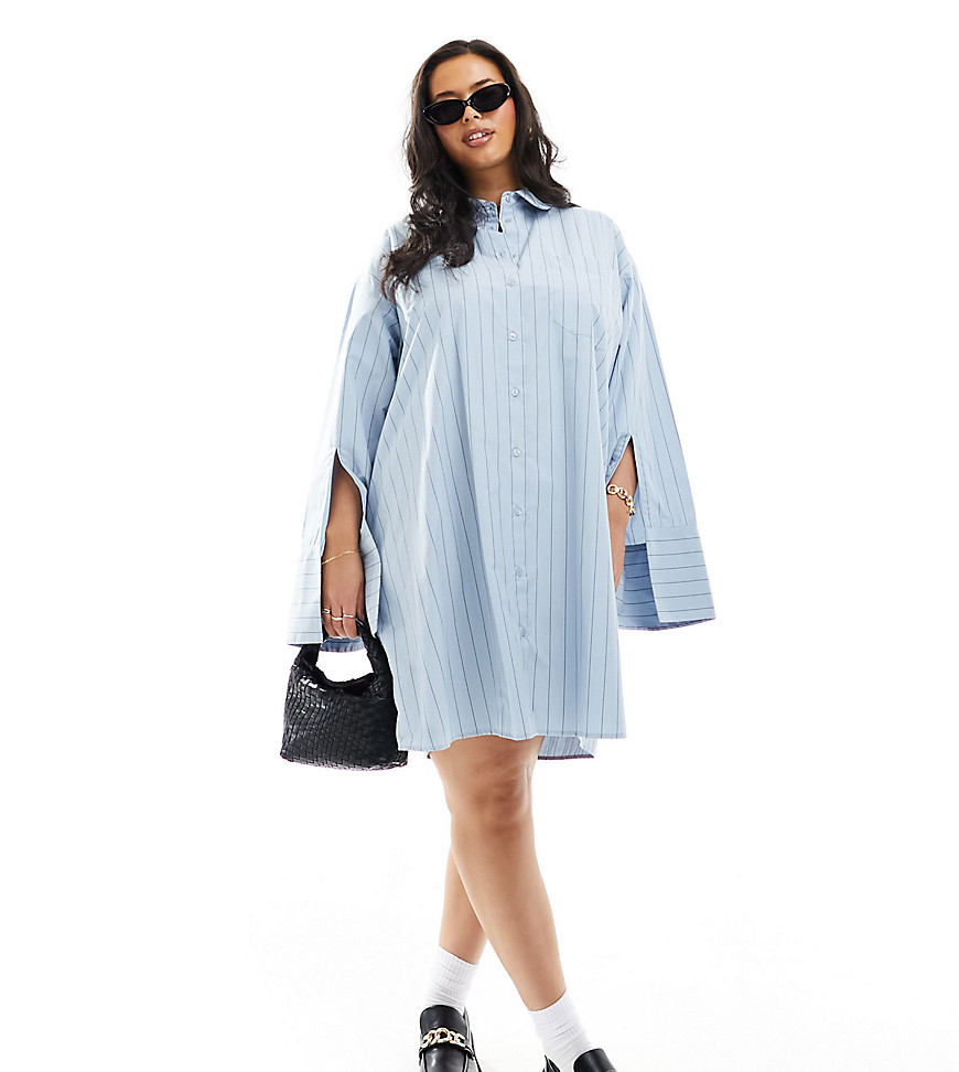 ASOS DESIGN Curve oversized shirt dress with double pocket detail in blue stripe-Multi