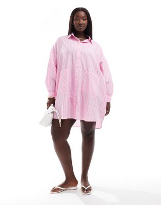 Asos Curve Asos Design Curve Oversized Shirt Dress With Dropped Pockets In Pastel Stripe-multi