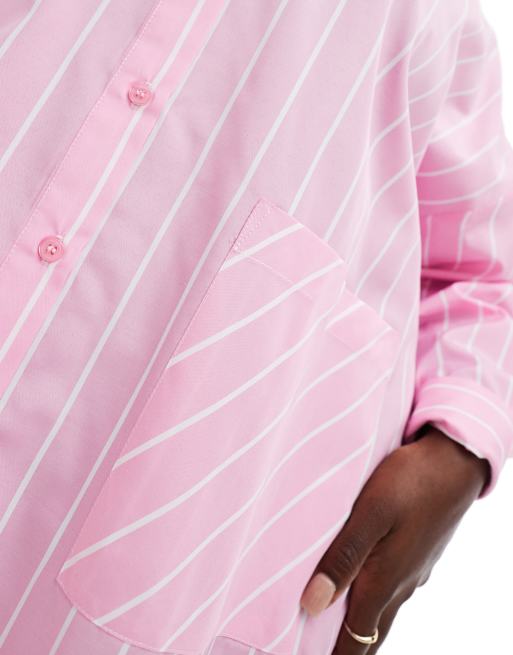 ASOS DESIGN Curve oversized shirt dress with dropped pockets in pastel stripe, 3 of 4