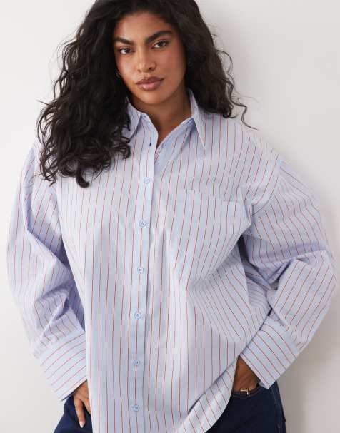 ASOS DESIGN Curve oversized shirt in blue and red stripe - view 1