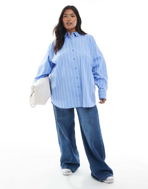 ASOS DESIGN CURVE oversized shirt in blue and white stripe - view 1