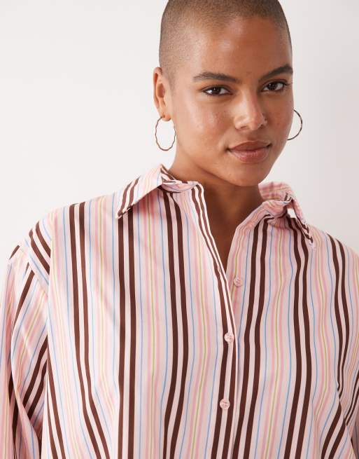 ASOS DESIGN Curve oversized shirt in pink stripes, 3 of 4