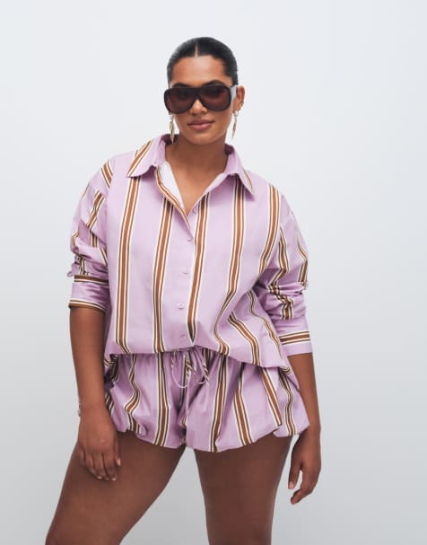 ASOS DESIGN Curve oversized shirt in violet stripes - view 1