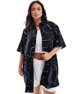 ASOS DESIGN Curve oversized shirt with linen in mono print co-ord