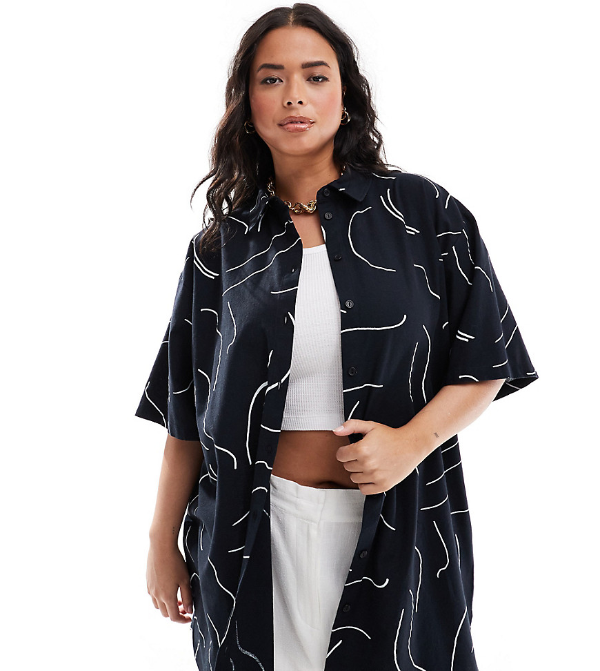 ASOS DESIGN Curve oversized shirt with linen in mono print co-ord-Multi