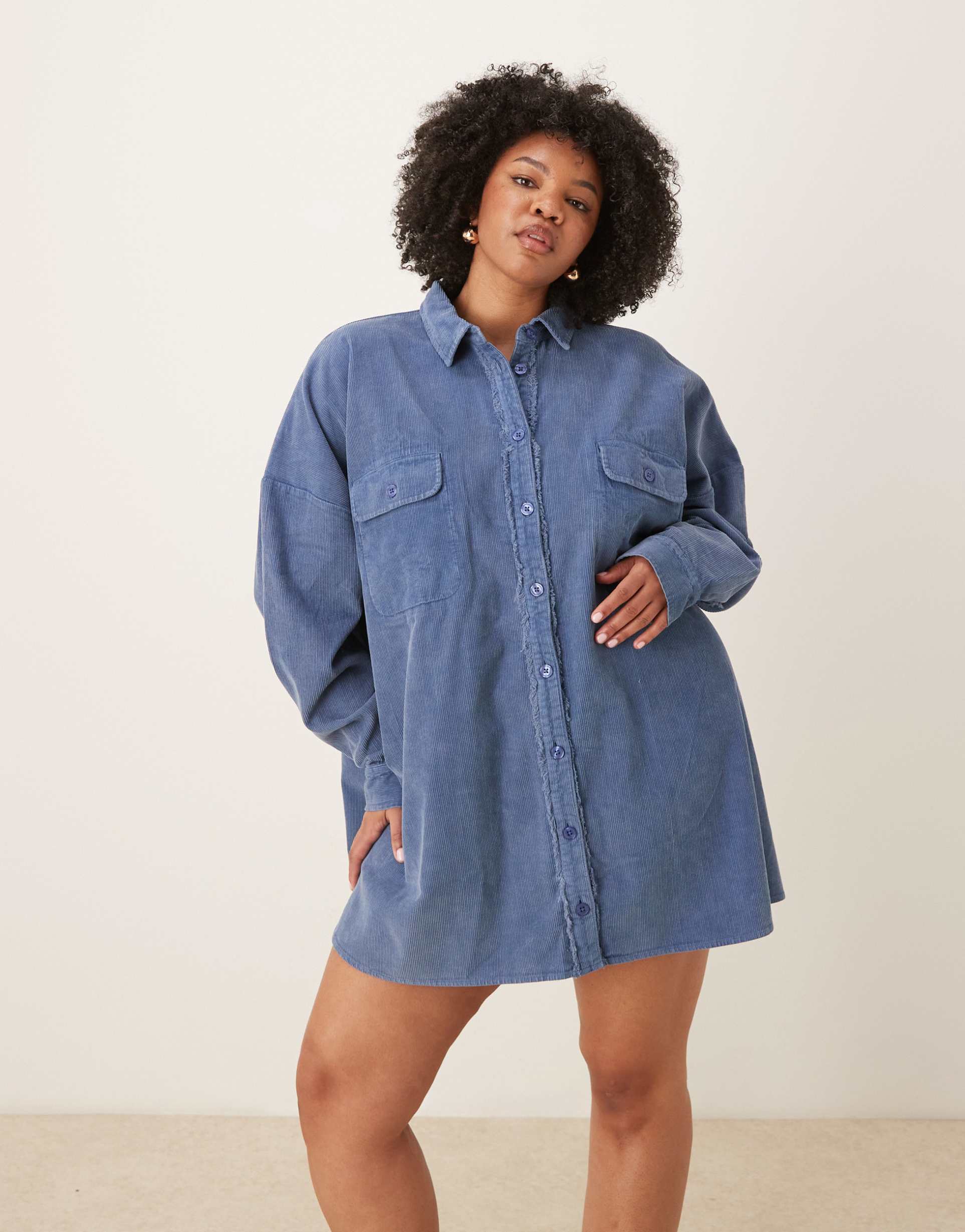 asos design curve oversized shirt with pockets in washed denim blue