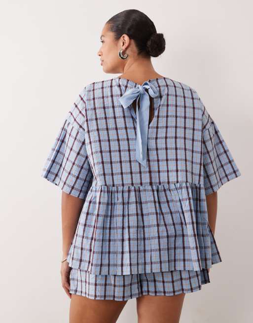 ASOS DESIGN Curve oversized short sleeve peplum top in blue check, 3 of 4