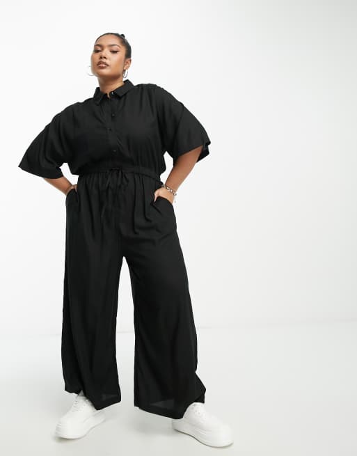 ASOS DESIGN Curve - Oversized skjorte-jumpsuit med bindebånd i taljen i sort