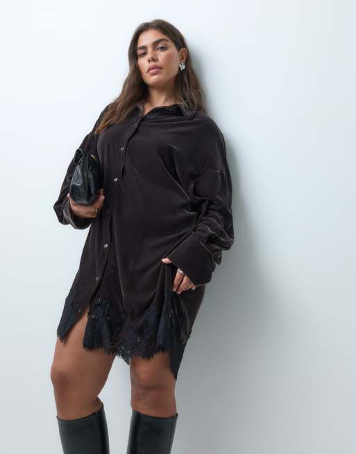 ASOS DESIGN Curve oversized skjortekjole i minilængde med blondekant i sort velour, 5 af 5