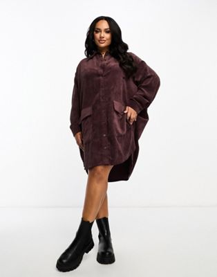 Asos Curve Asos Design Curve Oversized Slouchy Cord Mini Shirt Dress With Pocket Detail In Chocolate-brown