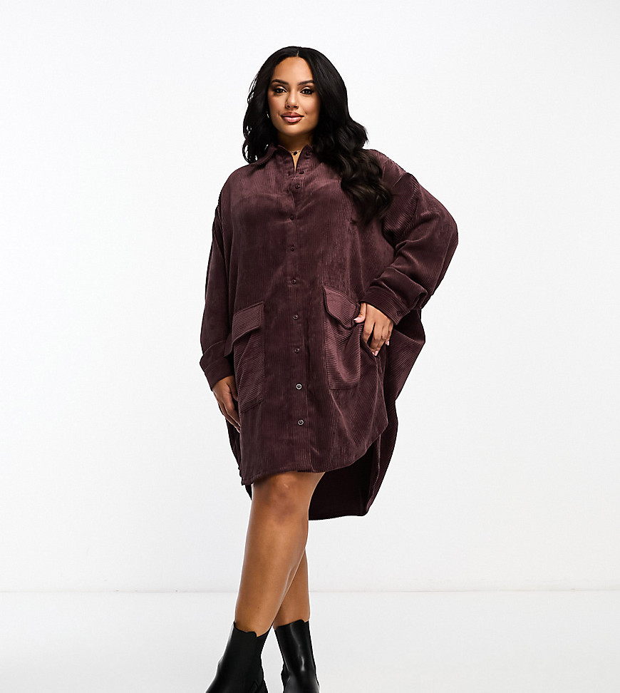 Asos Curve Asos Design Curve Oversized Slouchy Cord Mini Shirt Dress With Pocket Detail In Chocolate-brown