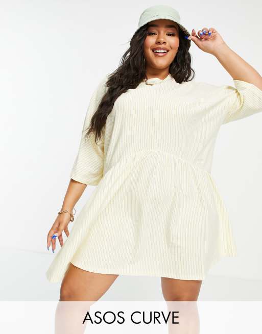 ASOS DESIGN Curve - Oversized smock-minikjole med sænket talje i sennepsgule og hvide striber