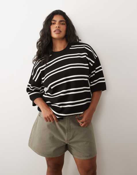 ASOS DESIGN Curve - Oversized sort og hvid T-shirt i strik med striber og kompakt struktur - view 1