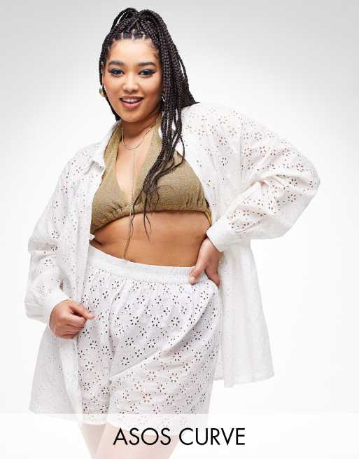 ASOS DESIGN Curve - Oversized strandtop met broderie in wit 