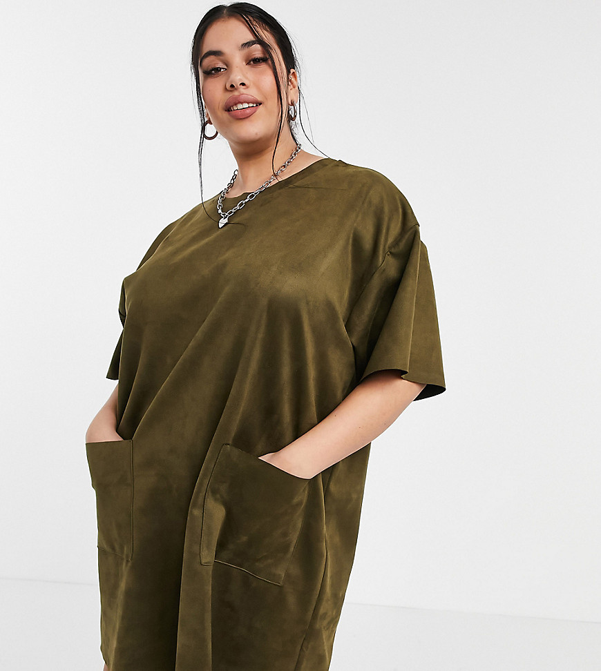 ASOS DESIGN Curve oversized suedette T-shirt dress with pocket detail in khaki-Green