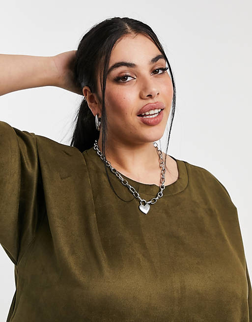 Women Curve oversized suedette t-shirt dress with pocket detail in khaki 