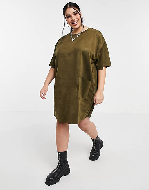 Women Curve oversized suedette t-shirt dress with pocket detail in khaki 