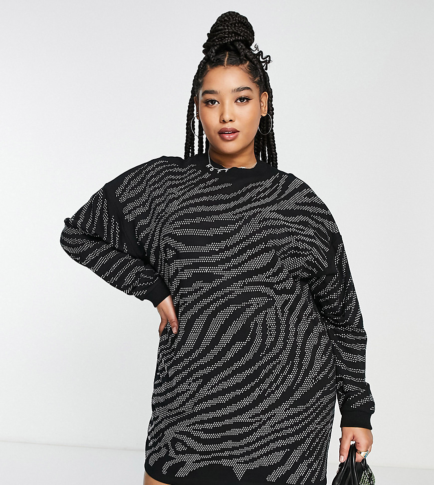 ASOS DESIGN Curve oversized sweat mini dress with silver tiger embellishment in black