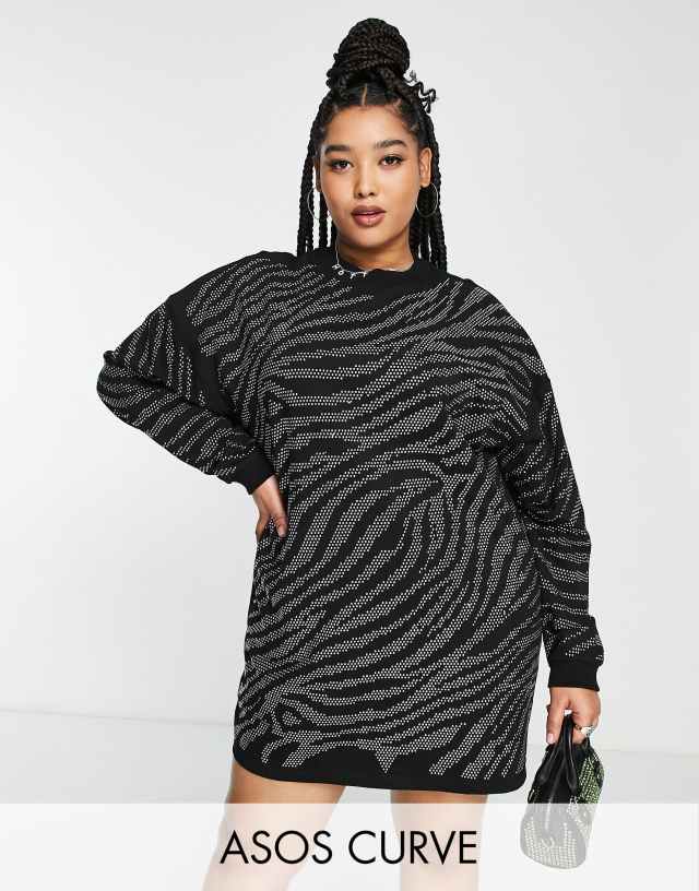 ASOS DESIGN Curve oversized sweat mini dress with silver tiger embellishment in black