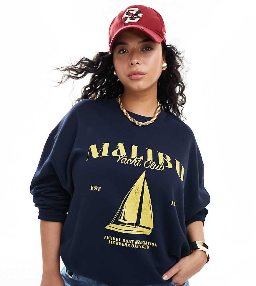 ASOS DESIGN Curve oversized sweat with malibu yacht graphic in navy