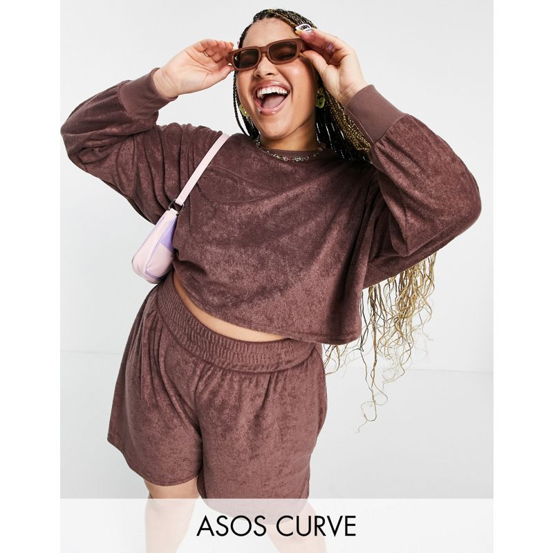 DESIGN Curve – Oversized-Sweatshirt aus Frottee mit kurzem Schnitt in Schokoladenbraun, Kombiteil
