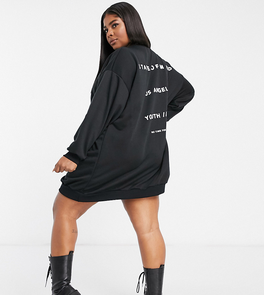 ASOS DESIGN Curve oversized sweatshirt mini dress with state of mind logo in black