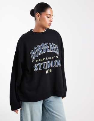 Asos Curve Asos Design Curve Oversized Sweatshirt With Bordeaux Studios Graphic In Black
