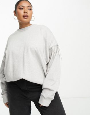 ASOS DESIGN Curve oversized sweatshirt with diamante fringing in grey marl