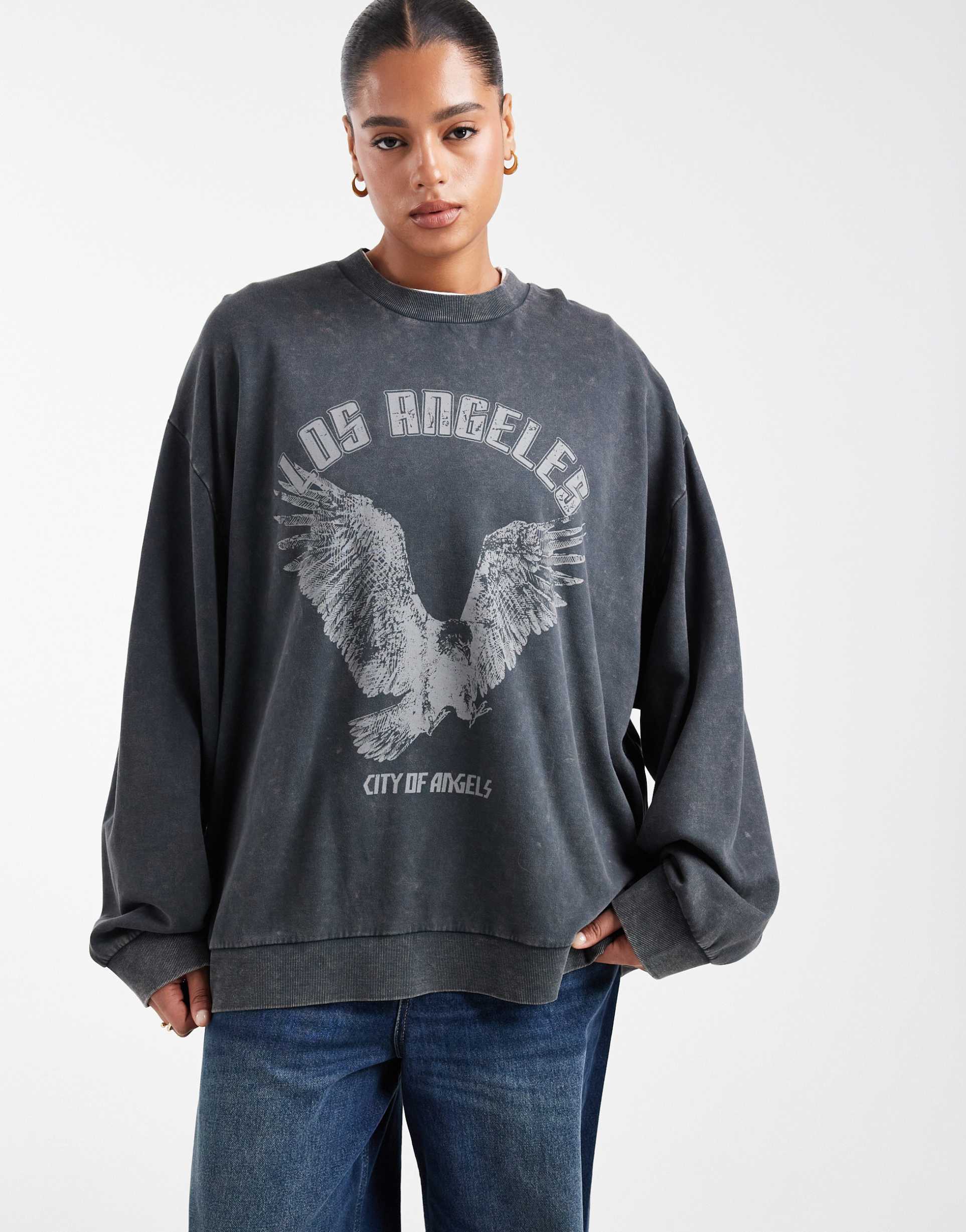 asos design curve oversized sweatshirt with eagle graphic in charcoal