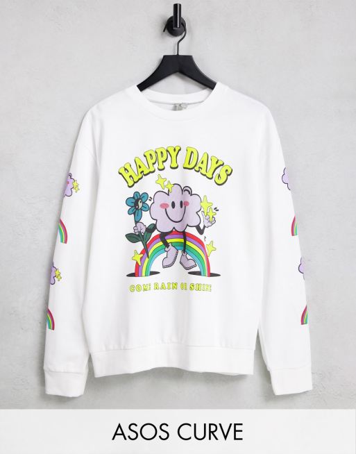 ASOS DESIGN Curve oversized sweatshirt with Happy Days graphic print in white 