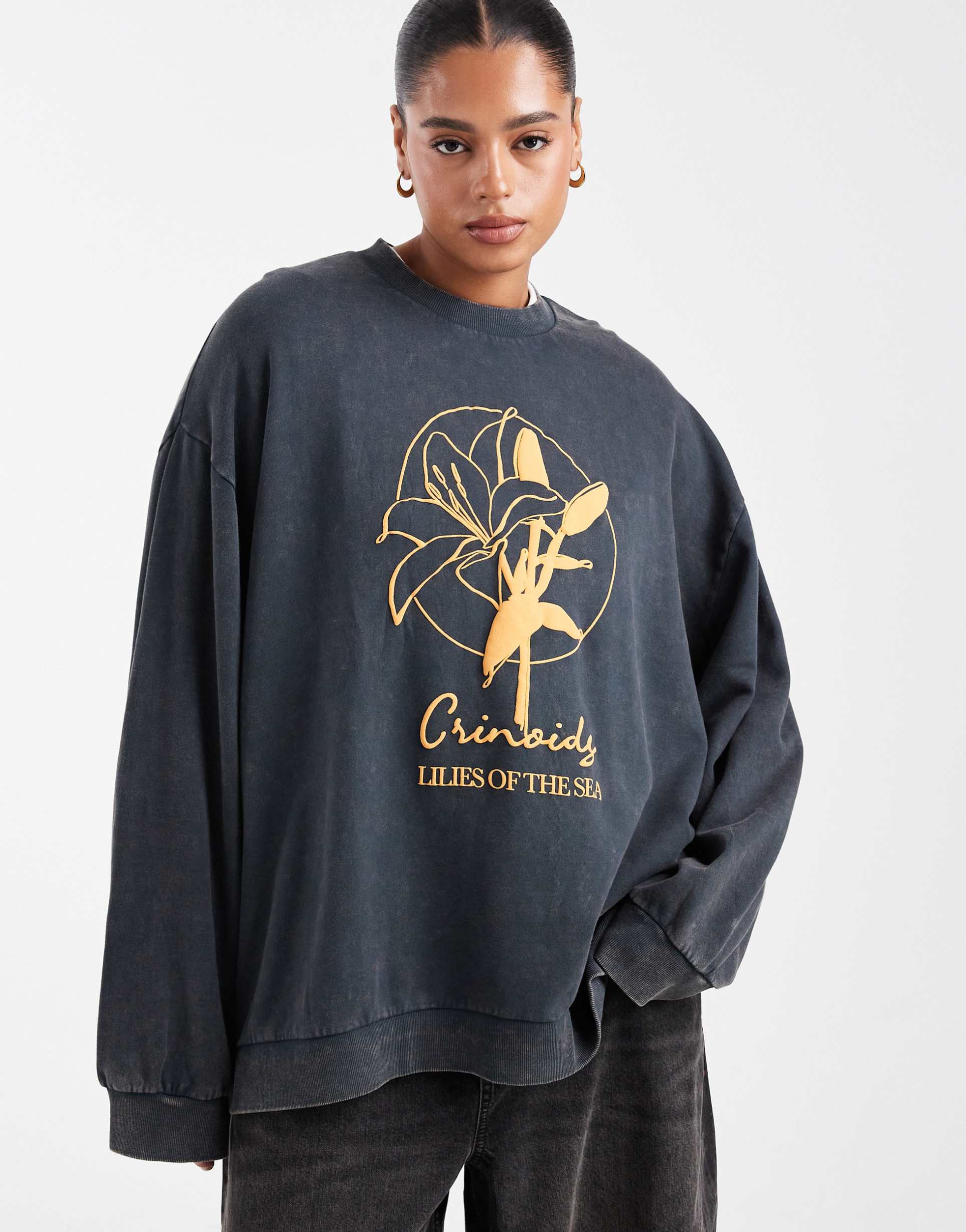 asos design curve oversized sweatshirt with lily flower graphic in charcoal