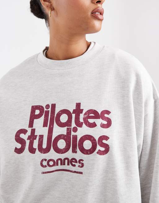 ASOS DESIGN Curve oversized sweatshirt with pilates studios graphic in heathered ice, 4 of 4