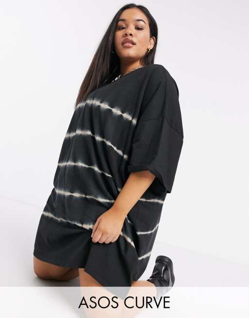 Asos Design Curve Oversized T Shirt Dress In Black Tie Dye Stripe Print