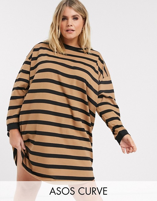 ASOS DESIGN Curve oversized t-shirt dress in camel and black stripe