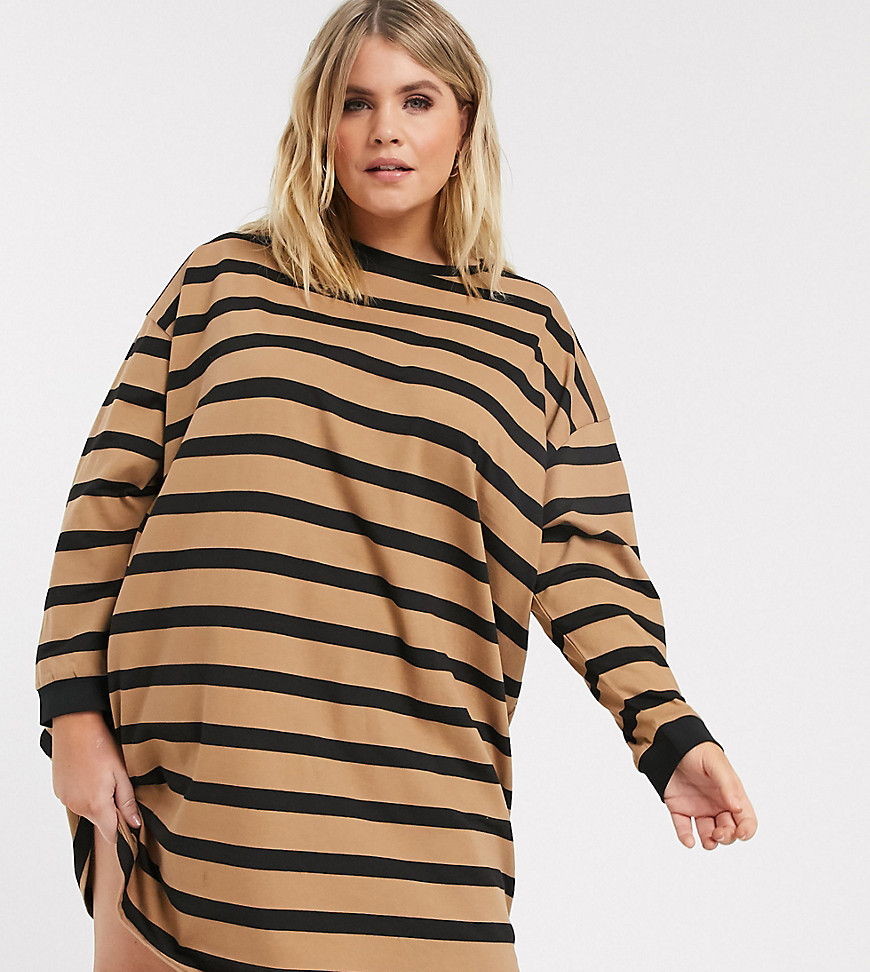 ASOS DESIGN Curve oversized t-shirt dress in camel and black stripe-Multi