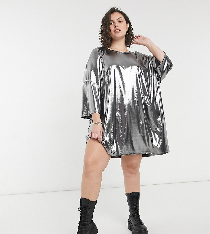 ASOS DESIGN Curve oversized t-shirt dress in silver metallic