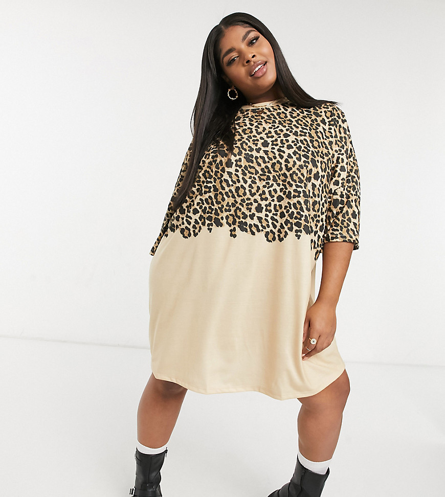 ASOS DESIGN Curve oversized T-shirt dress in tonal half and half leopard print-Multi