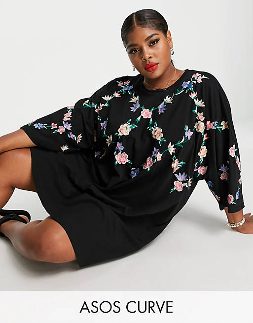 ASOS DESIGN Curve oversized t-shirt dress with criss cross floral embroidery