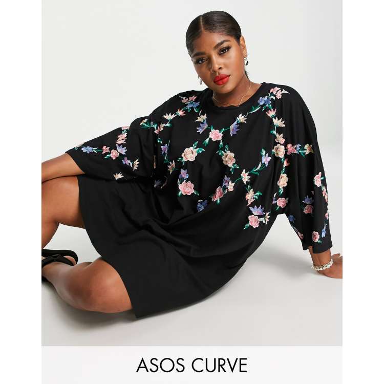 criss cross t shirt dress ASOS DESIGN Curve oversized T-shirt dress with criss cross floral  embroidery