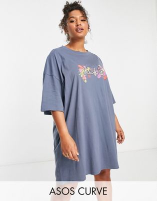 ASOS DESIGN Curve oversized t-shirt dress with f**k it logo in charcoal