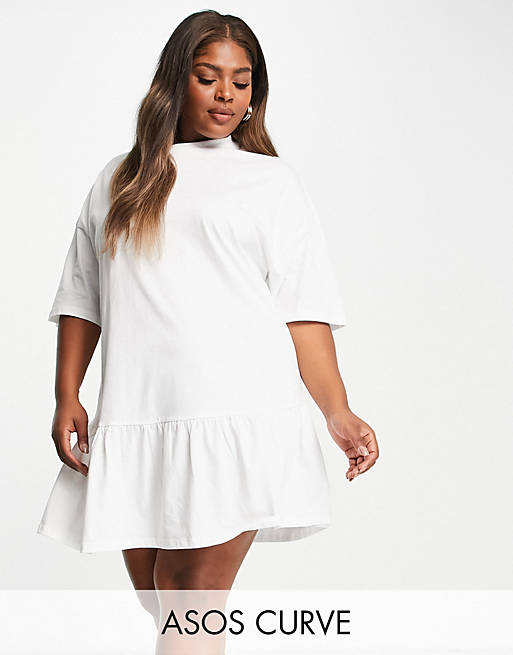 ASOS DESIGN Curve oversized t-shirt dress with frill hem in white