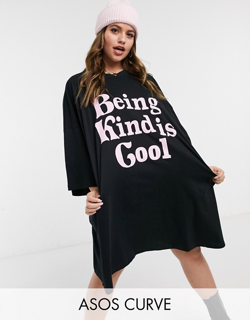 ASOS DESIGN Curve oversized t-shirt dress with being kind is cool in black